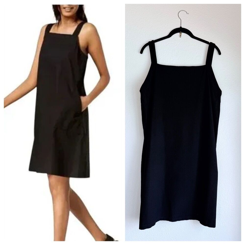 Eileen Fisher Stretch Crepe Square Neck Knee Length Jumper Dress in Black Size M